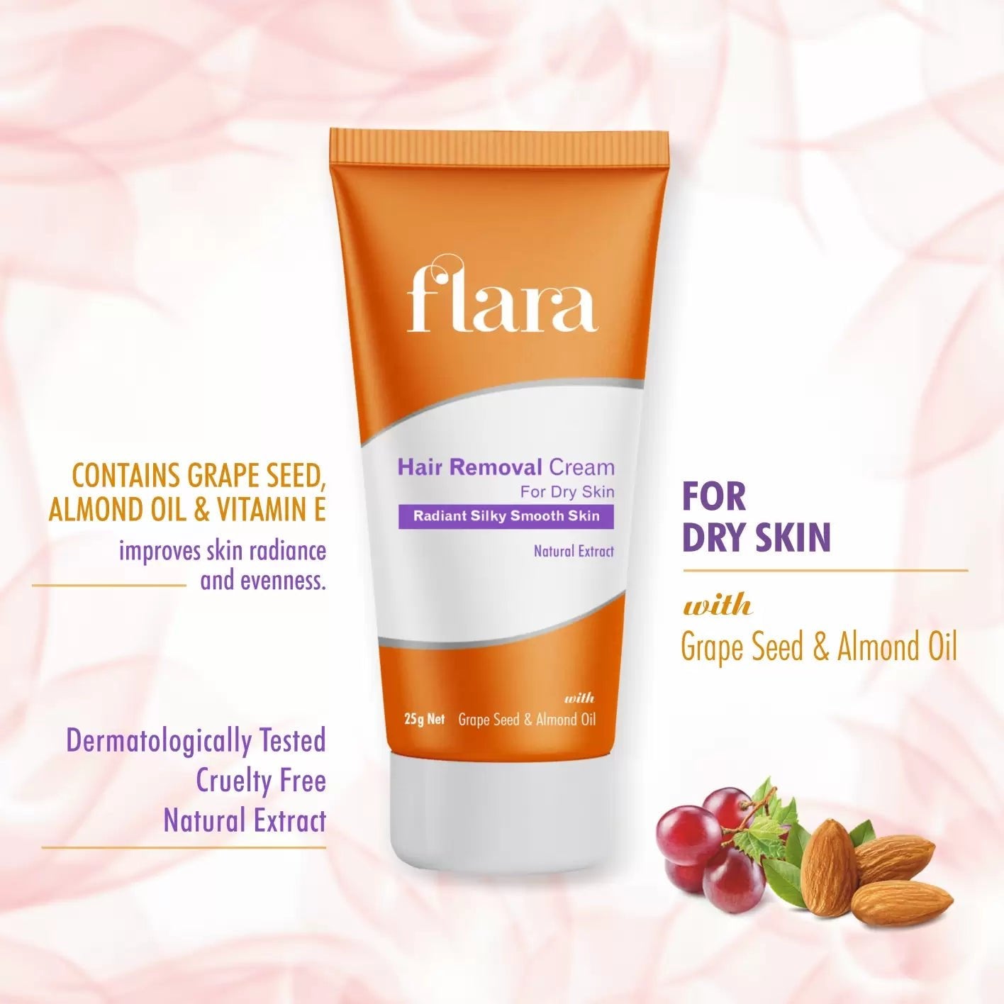 FLARA Hair Removal Cream for Dry Skin With Grape Seed Almond