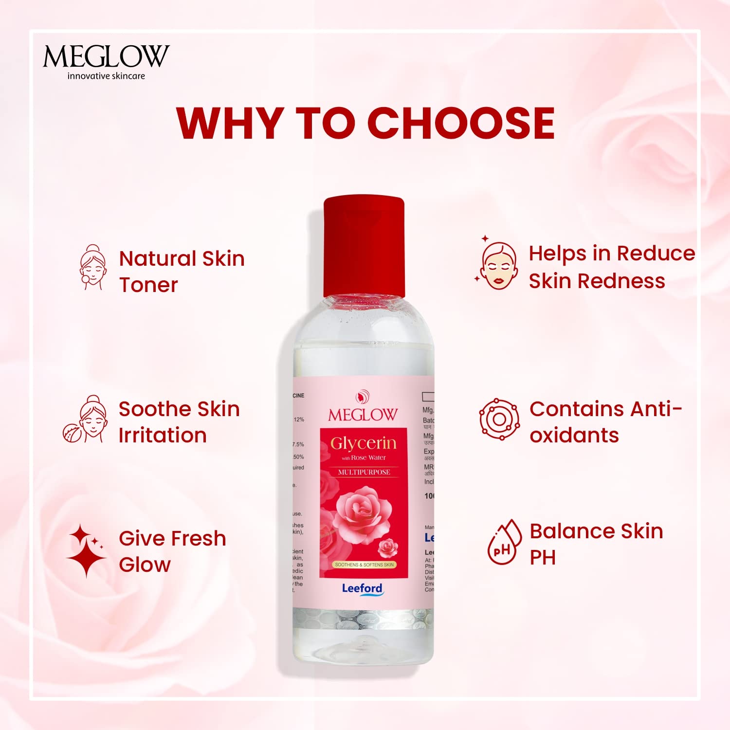 Meglow Glycerin with Rose Water Toner 100ml - Enriched with 12% Rose water and 88% Glycerin) || Multipurpose Use - You GorgeousGlycerine