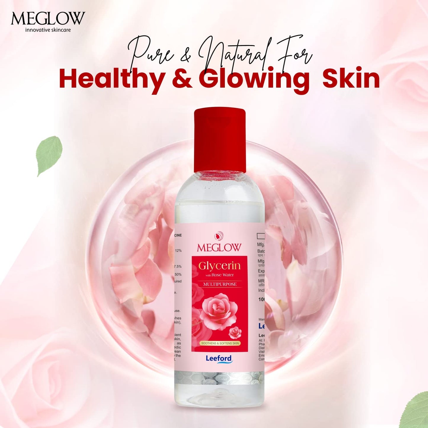 Meglow Glycerin with Rose Water Toner 100ml - Enriched with 12% Rose water and 88% Glycerin) || Multipurpose Use - You GorgeousGlycerine