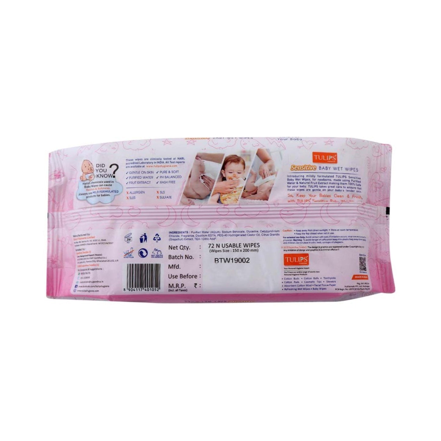 Tulips Sensitive Baby Wet Wipes With Lid Grape Extract (72Pcs) - You GorgeousBaby Care Products