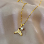 Ocean’s Whisper 18k Gold Mermaid Tail Pearl Pendant Necklace