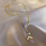 Ocean’s Whisper 18k Gold Mermaid Tail Pearl Pendant Necklace