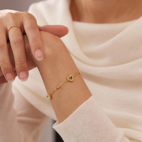 "Crystal Heart & Pear Charm Gold Bracelet"