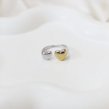Dual heart open ring, heart open ring, open ring, two tone ring, mixed metal ring, adjustable ring, heart ring, dual heart ring, gold and silver ring, modern ring, contemporary ring, romantic ring, gift for her, jewelry, fashion ring, everyday ring, yin yang ring, two heart ring, love ring, friendship ring
