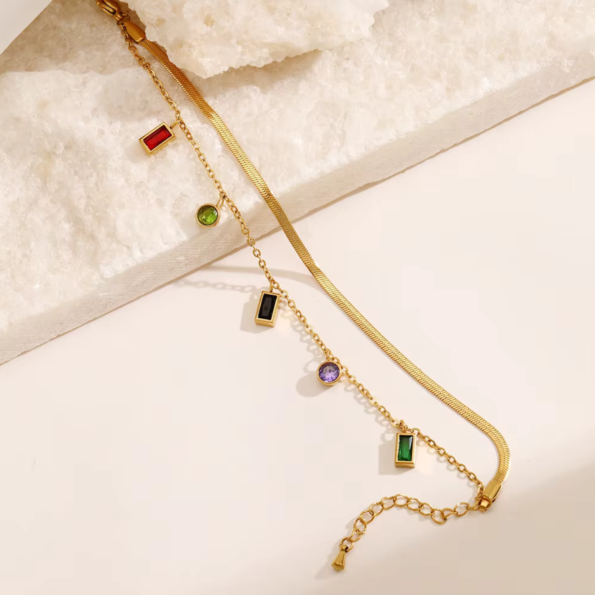 Double Layer Gold Bracelet with Colorful Zircon Charms