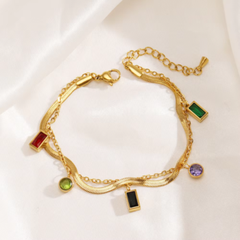 Double Layer Gold Bracelet with Colorful Zircon Charms