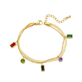 Double Layer Gold Bracelet with Colorful Zircon Charms