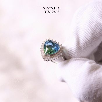 Heart of the Ocean Statement Ring – Green Blue Crystal, Halo Design, Sparkling Silver Band