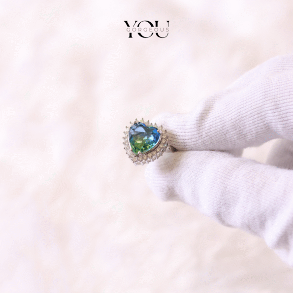 Heart of the Ocean Statement Ring – Green Blue Crystal, Halo Design, Sparkling Silver Band