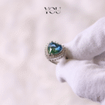 Heart of the Ocean Statement Ring – Green Blue Crystal, Halo Design, Sparkling Silver Band