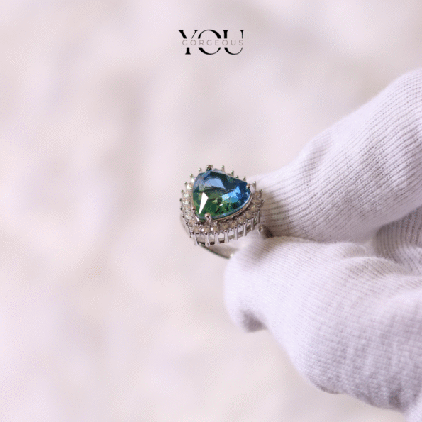 Heart of the Ocean Statement Ring – Green Blue Crystal, Halo Design, Sparkling Silver Band
