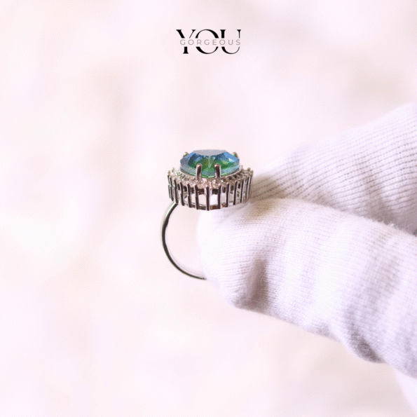 Heart of the Ocean Statement Ring – Green Blue Crystal, Halo Design, Sparkling Silver Band