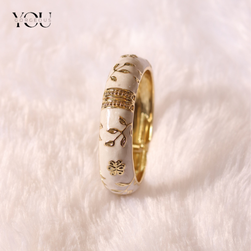 22 You Gorgeous Anti-Tarnish White Enamel Bangle. Gold Plated Floral Kada. Waterproof, Stainless Steel Jewelry for Women. Best Anniversary Gift.