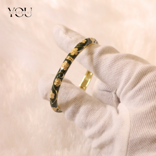 38 You Gorgeous Anti-Tarnish Black Enamel Bangle Gold Floral Bracelet Waterproof Elegant Jewelry Gift for Women, Minimalist Daily Wear