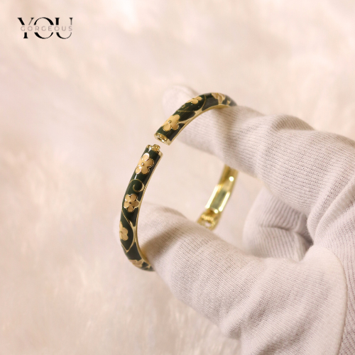 39 You Gorgeous Anti-Tarnish Black Enamel Bangle Gold Floral Bracelet Waterproof Elegant Jewelry Gift for Women, Minimalist Daily Wear