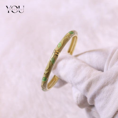 41 You Gorgeous Anti-Tarnish Slim Leaf Bangle. Beige & Mint Enamel Waterproof Gold Plated Bracelet. Perfect Minimalist Daily Wear Gift for Women.