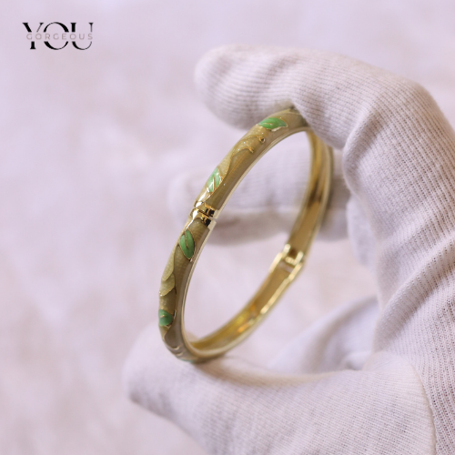 43 You Gorgeous Anti-Tarnish Slim Leaf Bangle. Beige & Mint Enamel Waterproof Gold Plated Bracelet. Perfect Minimalist Daily Wear Gift for Women.