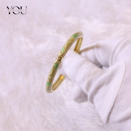 44 You Gorgeous Anti-Tarnish Slim Leaf Bangle. Beige & Mint Enamel Waterproof Gold Plated Bracelet. Perfect Minimalist Daily Wear Gift for Women.