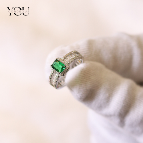 Emerald Green Square-Cut Ring • Vintage Halo Engagement Ring • Double Pavé Band • Anti-Tarnish Silver Tone • Bridal Jewelry Gift Emerald Green Square-Cut Ring • Vintage Halo Engagement Ring • Double Pavé Band • Anti-Tarnish Silver Tone • Bridal Jewelry Gift