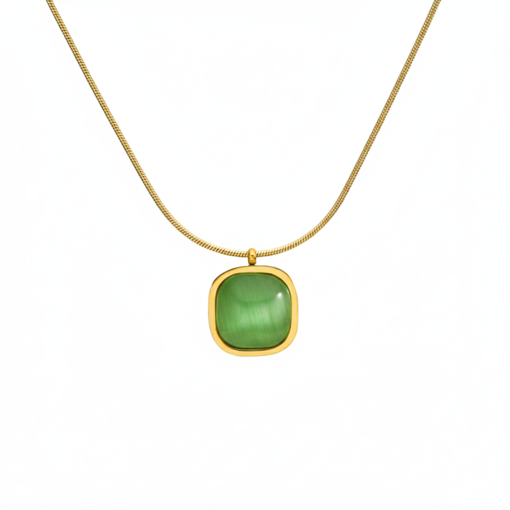 You Gorgeous Anti-Tarnish Green Cat's Eye Necklace | Gold Plated Square Pendant | Waterproof Stainless Steel Jewelry, Minimalist Gift for Her