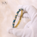 You Gorgeous Anti-Tarnish Blue Enamel Bangle White Floral Gold Plated Bracelet Waterproof Daily Wear Jewelry Gift for Women, Ocean Style