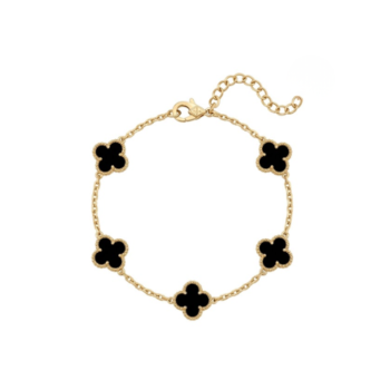 Anti-tarnish 18K gold plated midnight black clover motif bracelet for women featuring gold-rimmed flower charms on a link chain by YouGorgeous.