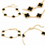 Anti-tarnish 18K gold plated midnight black clover motif bracelet for women featuring gold-rimmed flower charms on a link chain by YouGorgeous.