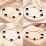 Anti-tarnish 18K gold plated midnight black clover motif bracelet for women featuring gold-rimmed flower charms on a link chain by YouGorgeous.