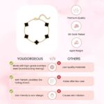 Anti-tarnish 18K gold plated midnight black clover motif bracelet for women featuring gold-rimmed flower charms on a link chain by YouGorgeous.