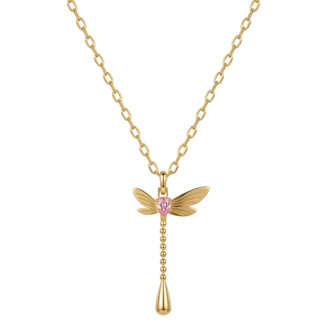 2 yougorgeous-rose-pink-dragonfly-drop-necklace-gold-waterproof