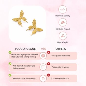 YouGorgeous™ 18K Gold Plated Anti-Tarnish Ethereal Butterfly Earrings – 316L Stainless Steel Sculpted Wing Studs Waterproof & Hypoallergenic Premium Jewellery Birthday Anniversary Gift for Women Girls
