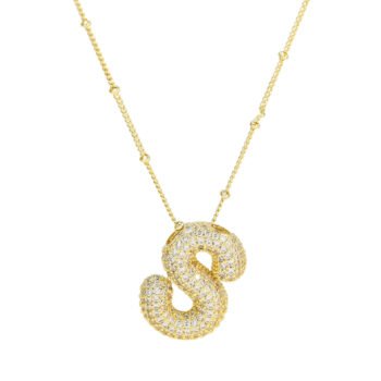 Yougorgeous 18K gold plated pave zircon bubble letter S pendant on beaded station chain