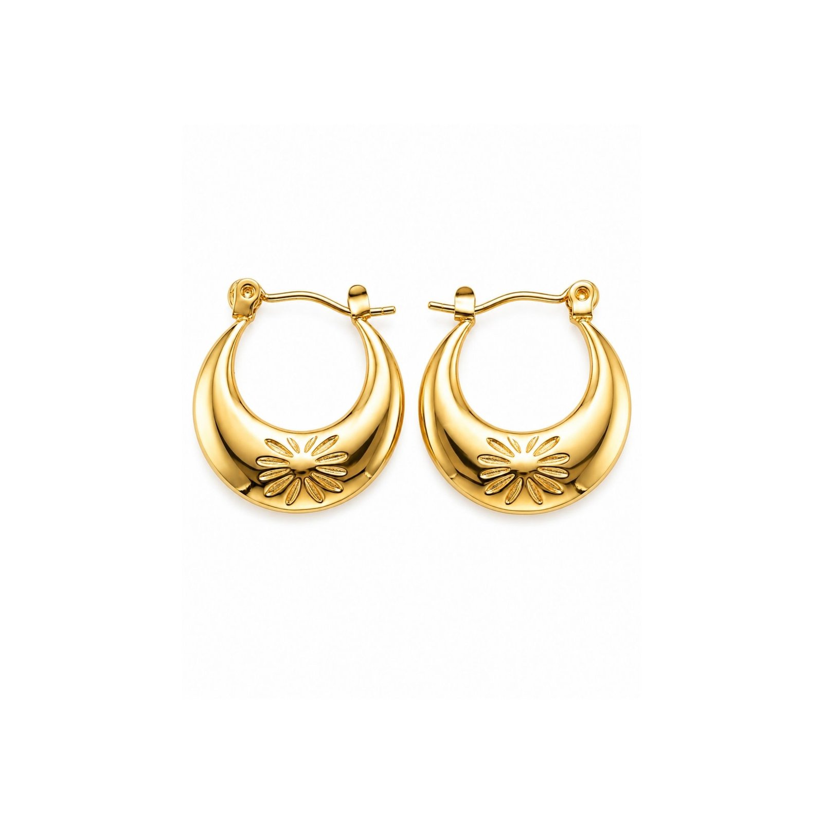100 18K Gold Plated Engraved Floral Crescent Hoops