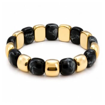 Black Marbled Resin & Gold Bead Stretch Bracelet
