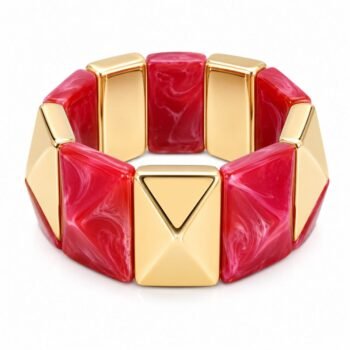 Red Marbled Resin & Gold Pyramid Stretch Bracelet