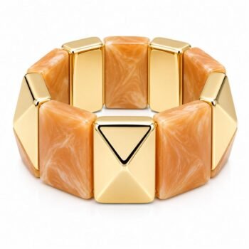 Peach Marbled Resin & Gold Pyramid Stretch Bracelet