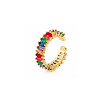 Yougorgeous 18K gold rainbow baguette adjustable ring with multicolour crystals on white background