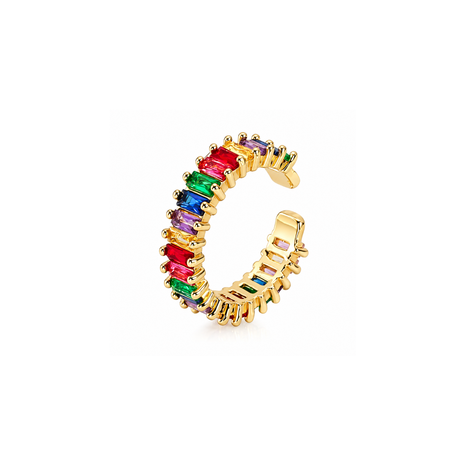 Yougorgeous 18K gold rainbow baguette adjustable ring with multicolour crystals on white background Yougorgeous 18K gold rainbow baguette adjustable ring with multicolour crystals on white background
