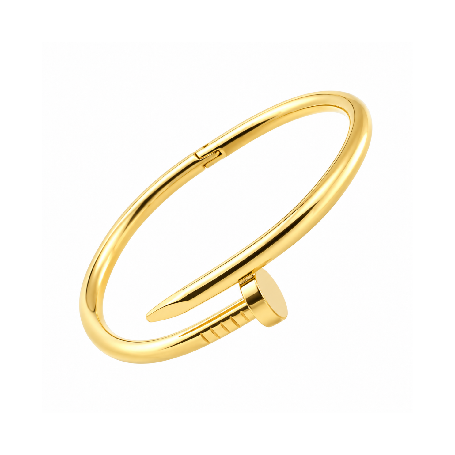 Yougorgeous 18K gold plain nail bangle with curved silhouette on white background Yougorgeous 18K gold plain nail bangle with curved silhouette on white background