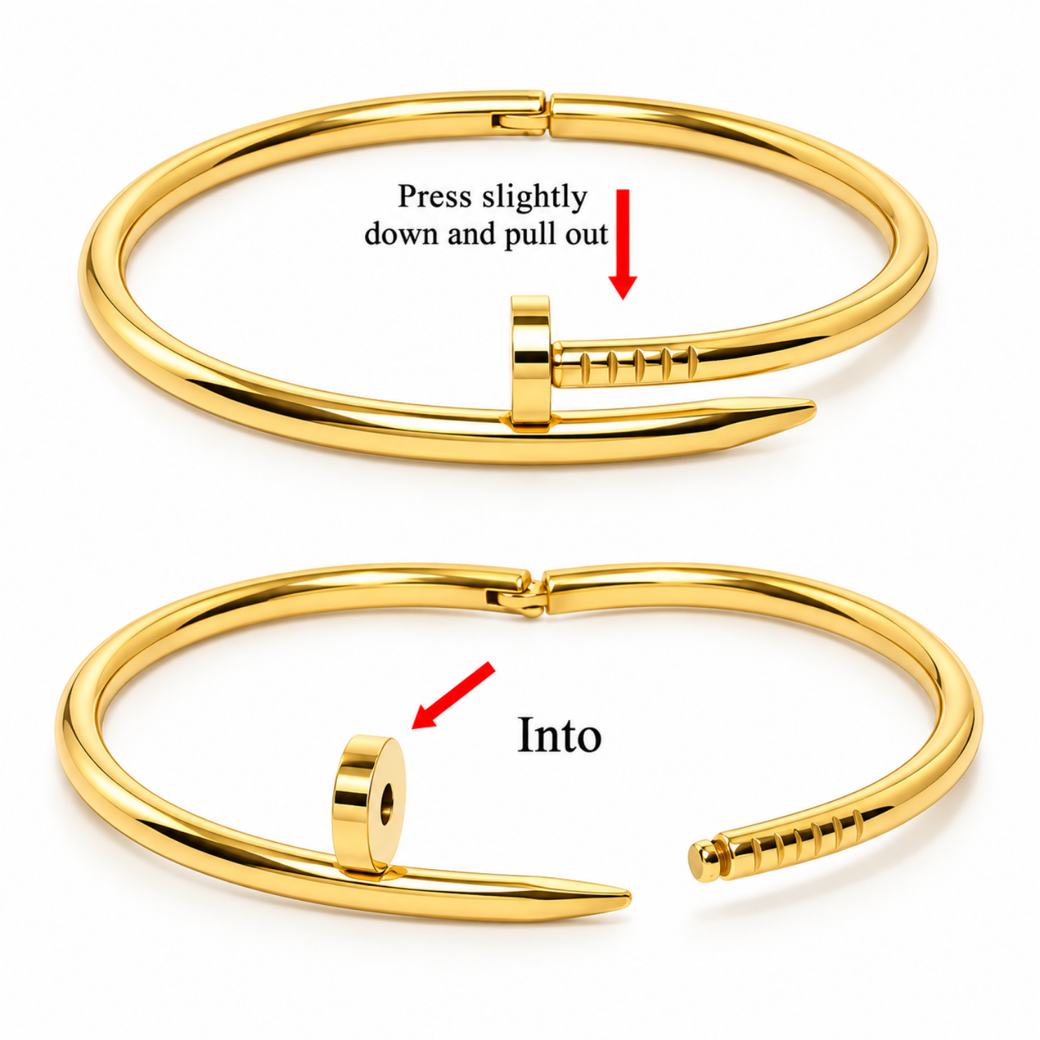 Ergonomic oval side hinge and secure snap closure on 316L stainless steel plain nail bangle Ergonomic oval side hinge and secure snap closure on 316L stainless steel plain nail bangle