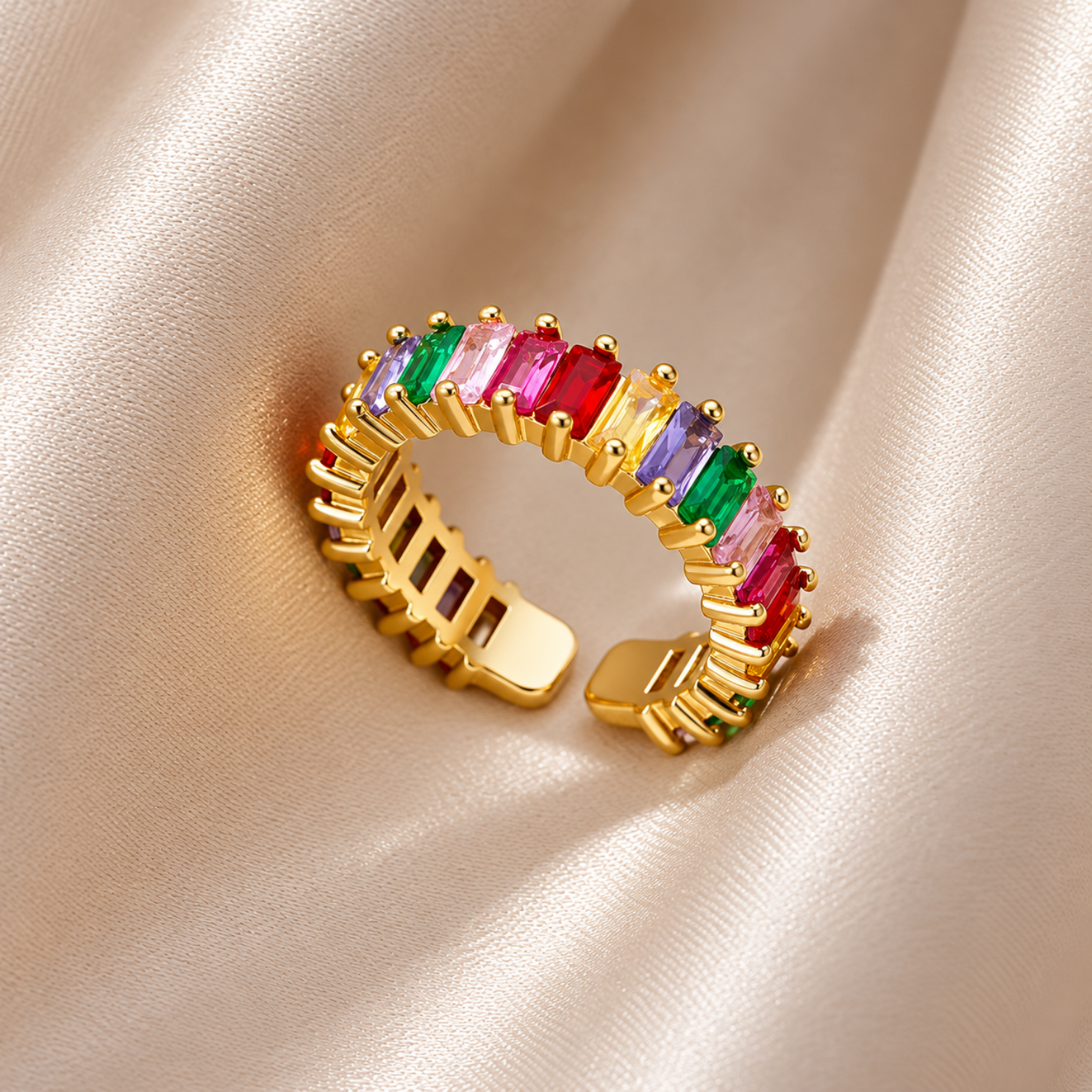 Model wearing Yougorgeous rainbow baguette adjustable ring styled on middle finger Model wearing Yougorgeous rainbow baguette adjustable ring styled on middle finger