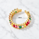 Yougorgeous 18K gold rainbow baguette adjustable ring with multicolour crystals on white background