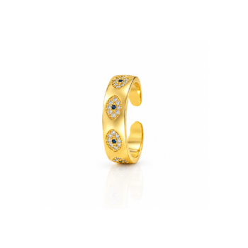 Yougorgeous 18K gold plated evil eye chunky adjustable cuff ring on white background