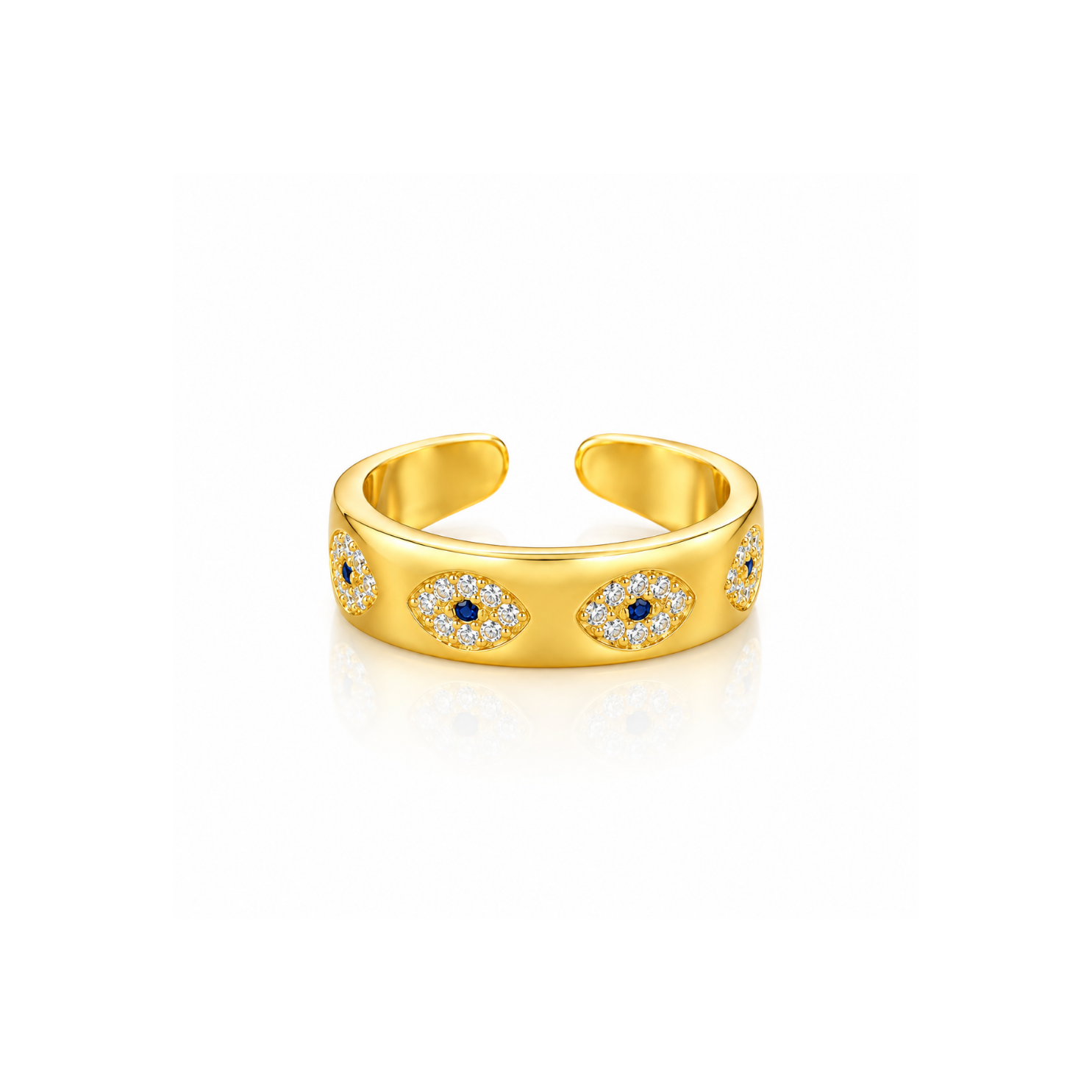 Yougorgeous 18K gold plated evil eye chunky adjustable cuff ring on white background Yougorgeous 18K gold plated evil eye chunky adjustable cuff ring on white background