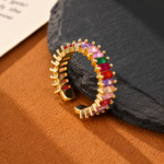 Yougorgeous 18K gold rainbow baguette adjustable ring with multicolour crystals on white background