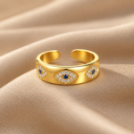 Yougorgeous 18K gold plated evil eye chunky adjustable cuff ring on white background