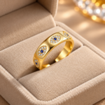 Yougorgeous 18K gold plated evil eye chunky adjustable cuff ring on white background
