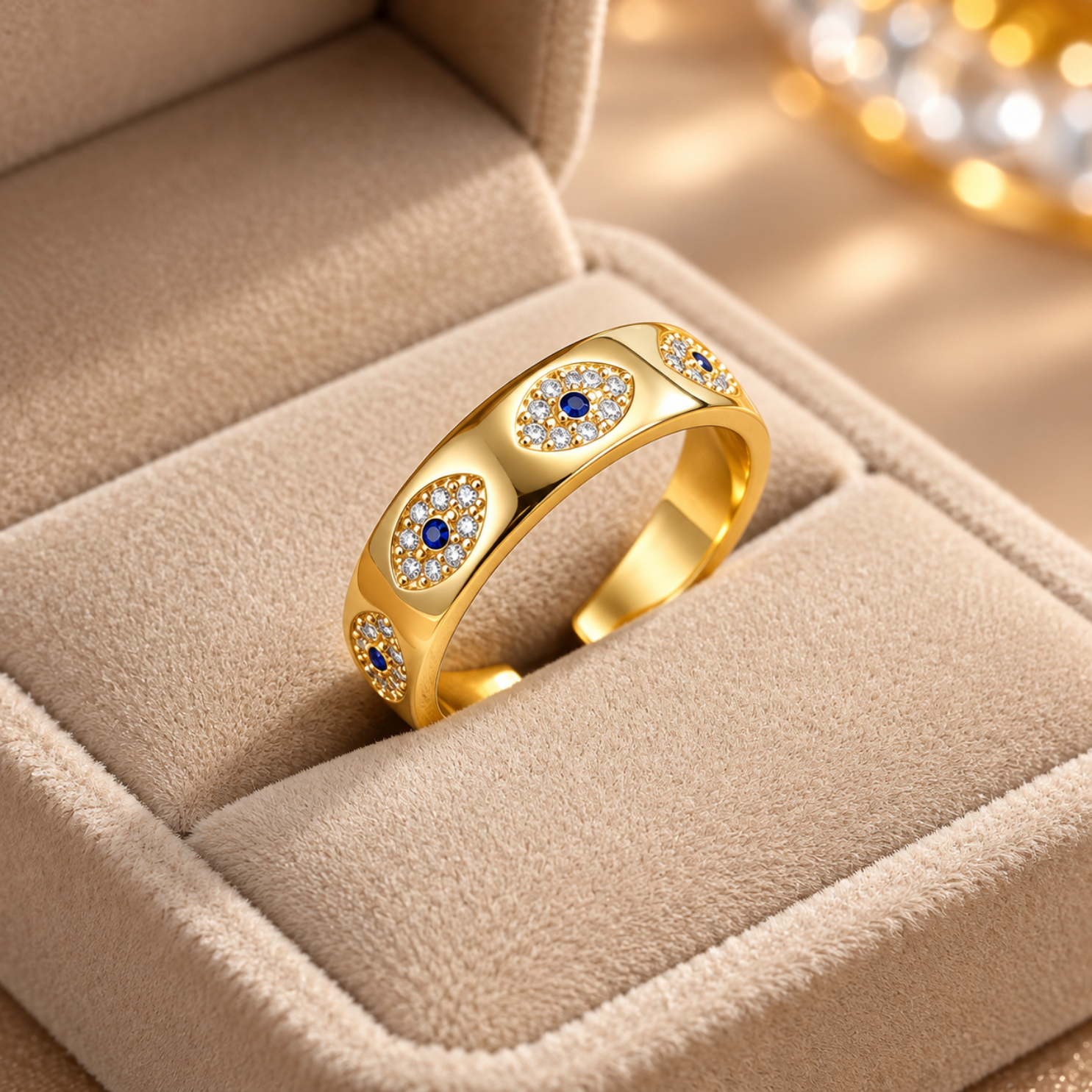 Water droplets beading over anti-tarnish 18K PVD gold wide evil eye band during hand-washing Water droplets beading over anti-tarnish 18K PVD gold wide evil eye band during hand-washing
