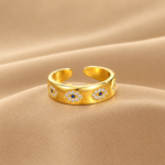 Yougorgeous 18K gold plated evil eye chunky adjustable cuff ring on white background