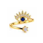 Yougorgeous 18K gold plated evil eye sunburst adjustable bypass ring on white background
